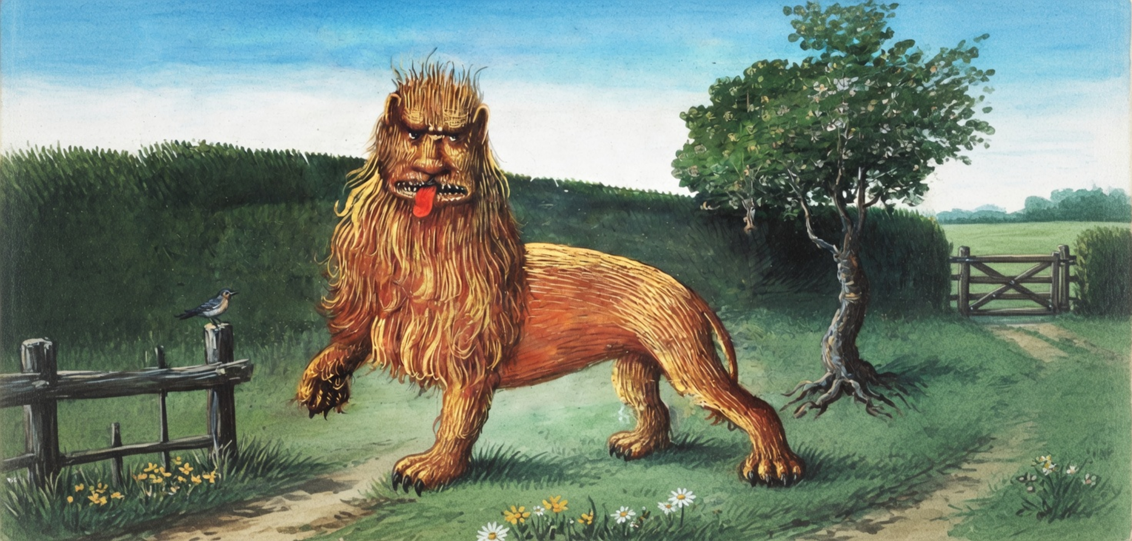 A bestiary lion with a human-like face standing in a green meadow